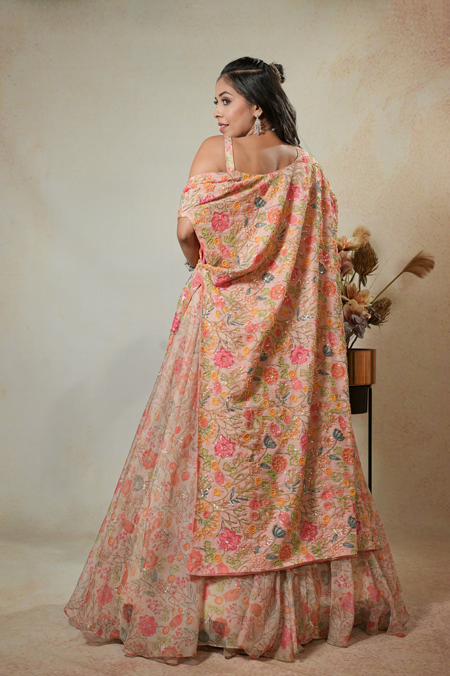 Peach Long Jacket Lehenga Set