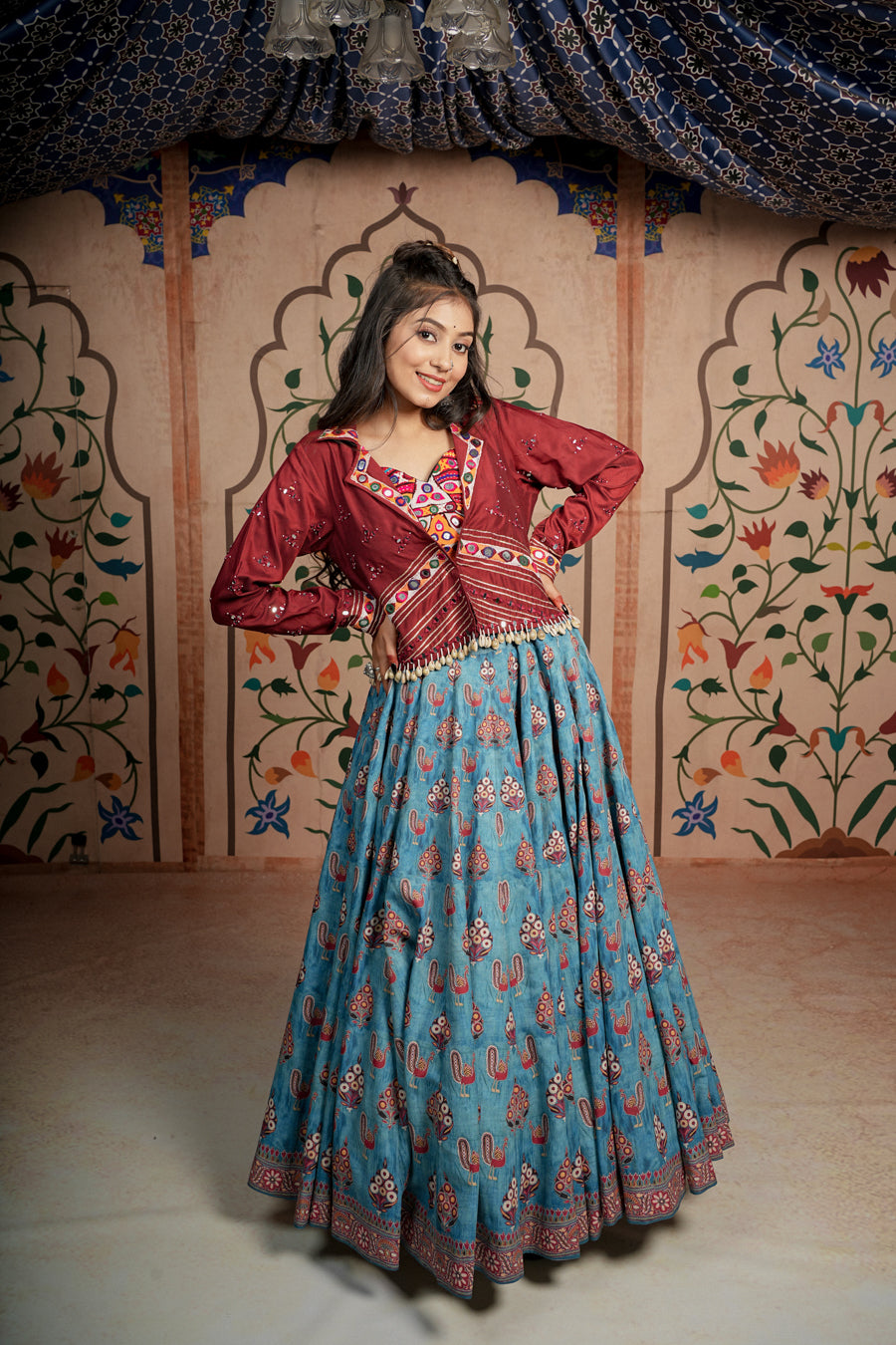 Maroon and sky blue Lehenga