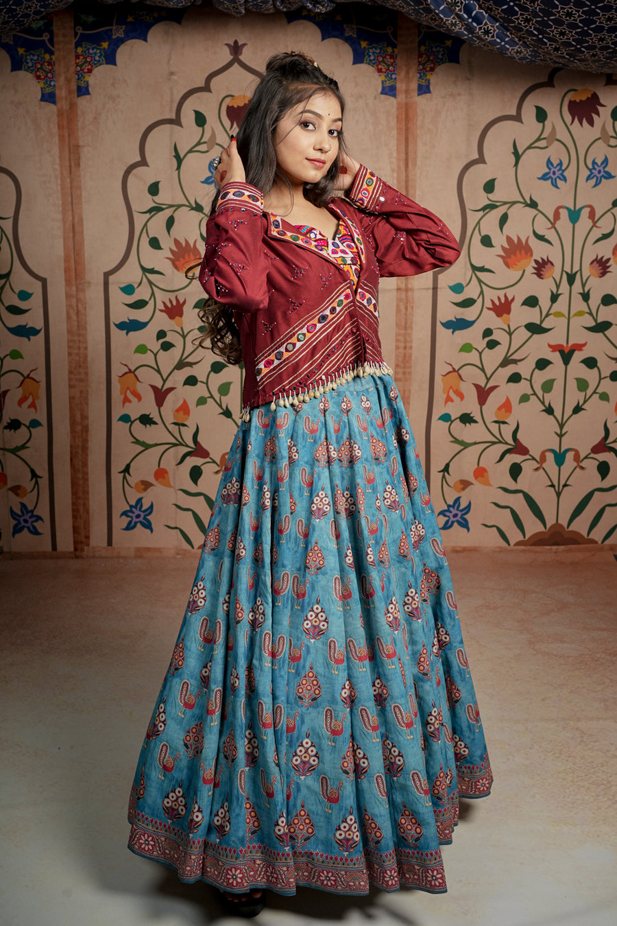 Maroon and sky blue Lehenga