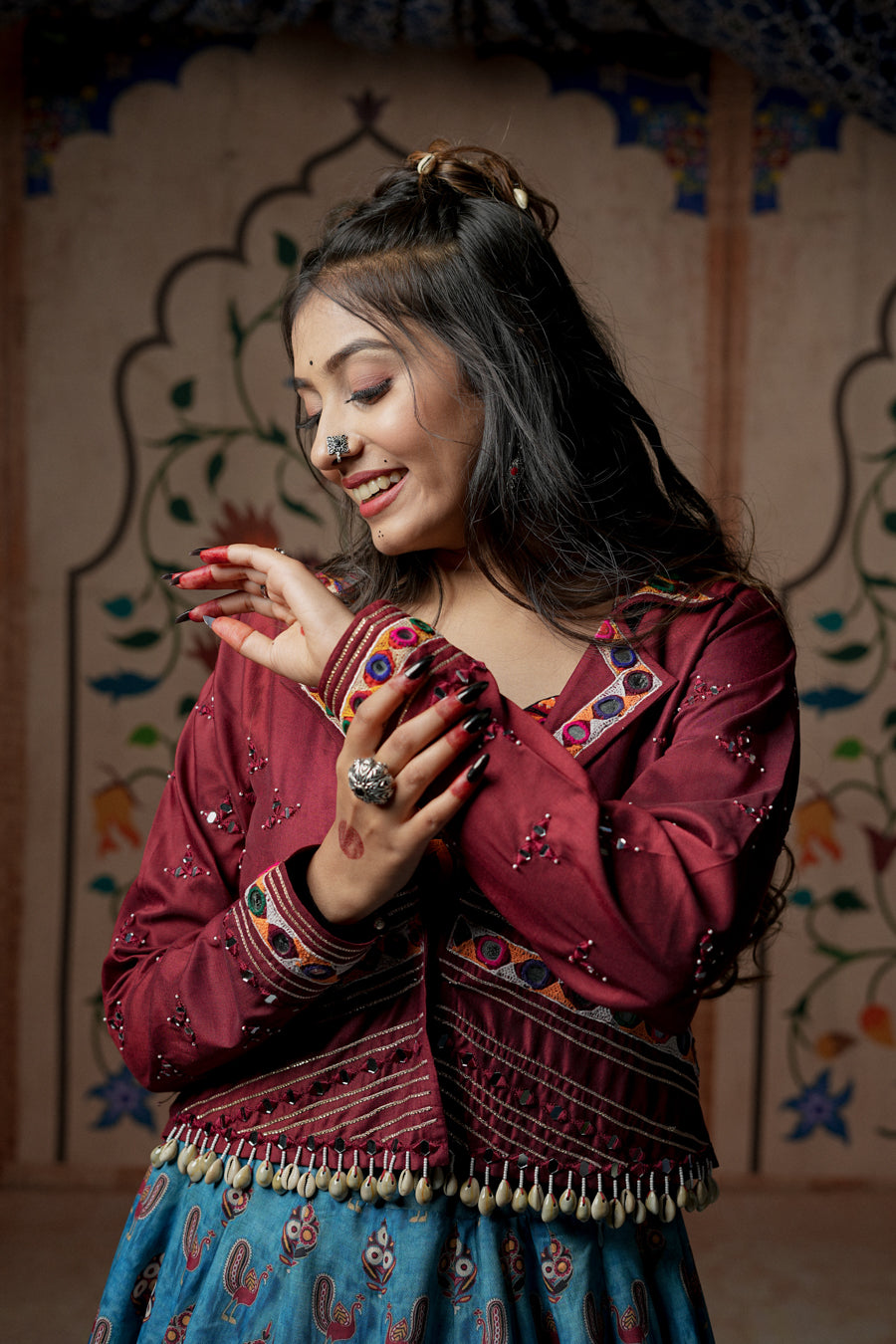 Maroon and sky blue Lehenga