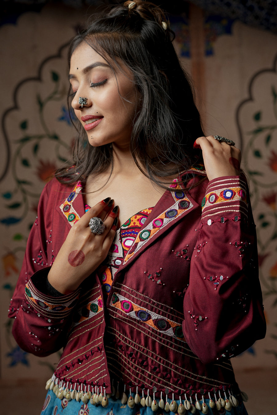 Maroon and sky blue Lehenga