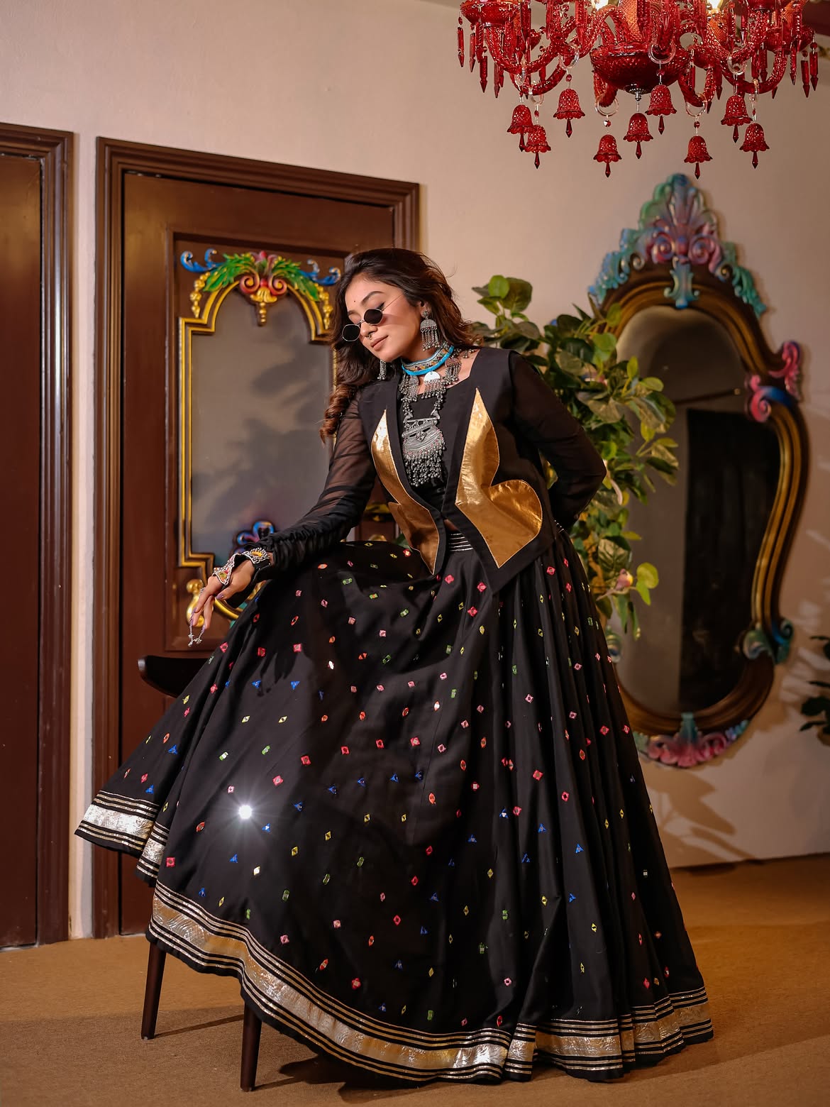 Black Handwork South Silk Designer Skirt, Spaghetti & Jacket Set