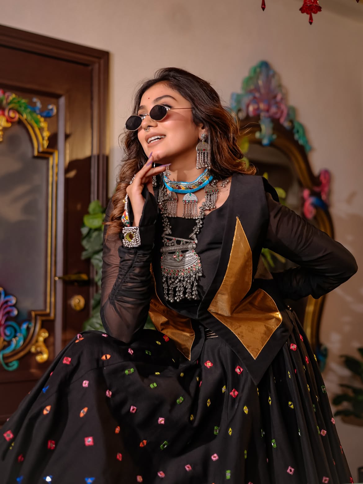 Black Handwork South Silk Designer Skirt, Spaghetti & Jacket Set