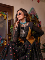 Black Handwork South Silk Designer Skirt, Spaghetti & Jacket Set