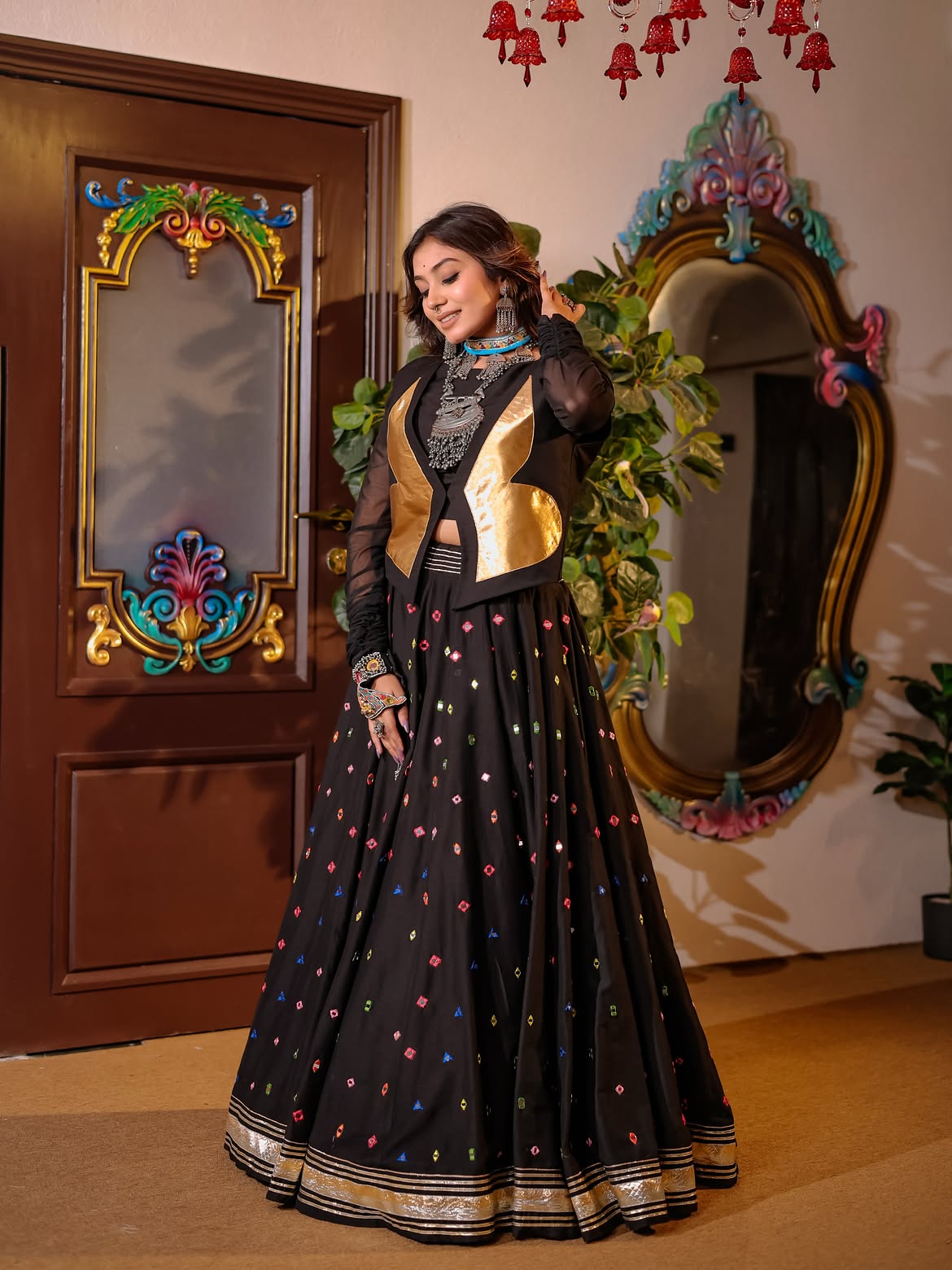 Black Handwork South Silk Designer Skirt, Spaghetti & Jacket Set