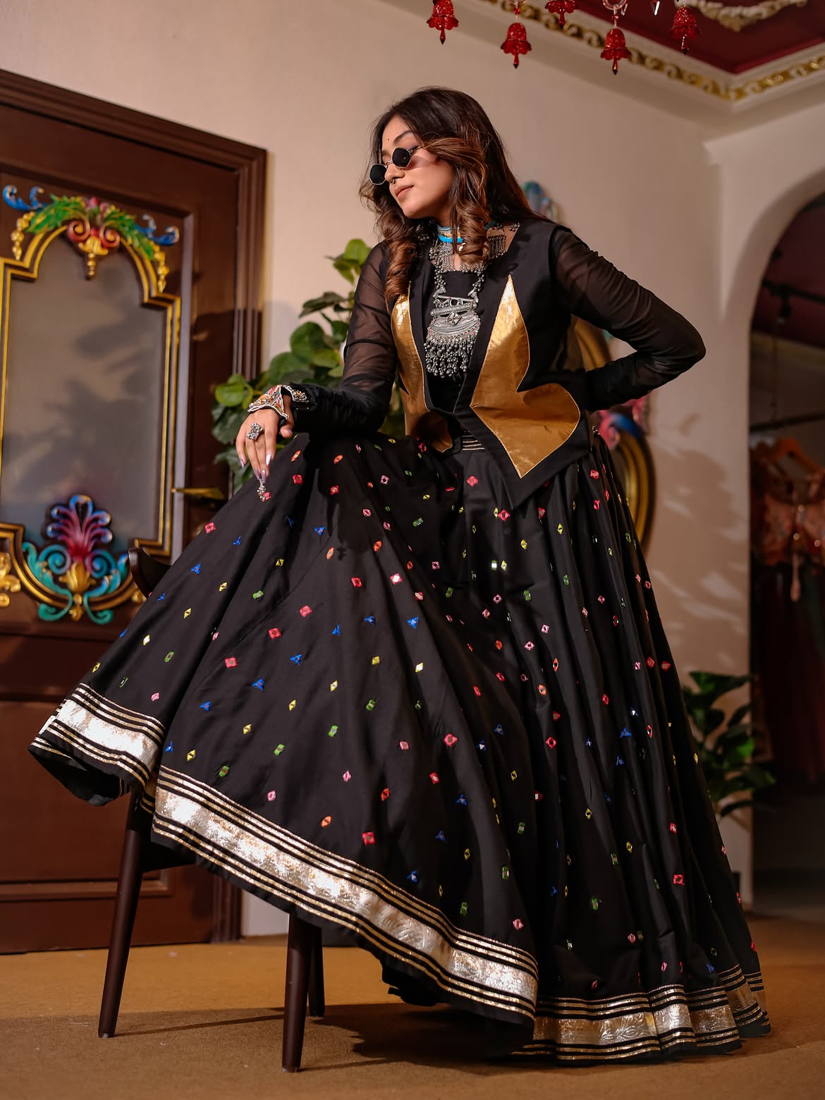 Black Handwork South Silk Designer Skirt, Spaghetti & Jacket Set