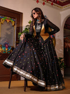 Black Handwork South Silk Designer Skirt, Spaghetti & Jacket Set
