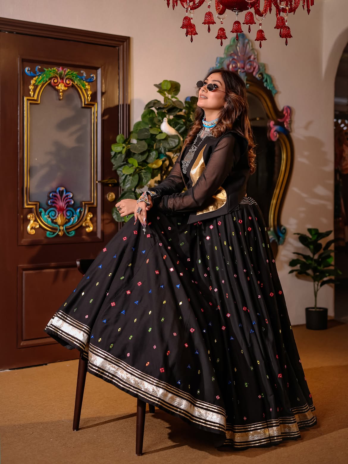Black Handwork South Silk Designer Skirt, Spaghetti & Jacket Set