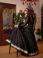 Black Handwork South Silk Designer Skirt, Spaghetti & Jacket Set