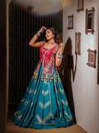 Pink Firozi Handwork Khadi & Organza Designer Skirt Set
