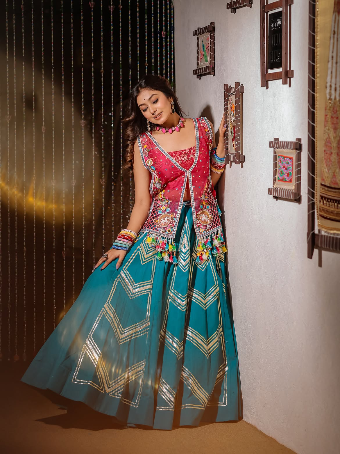 Pink Firozi Handwork Khadi & Organza Designer Skirt Set
