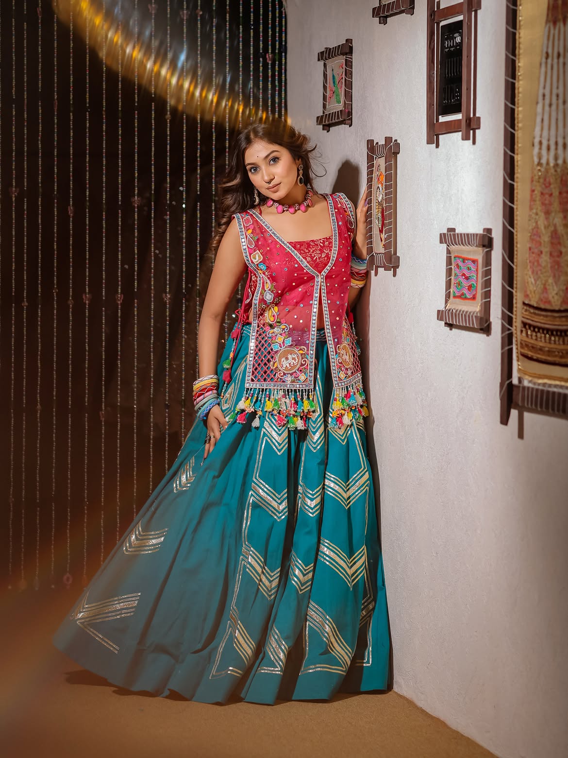 Pink Firozi Handwork Khadi & Organza Designer Skirt Set