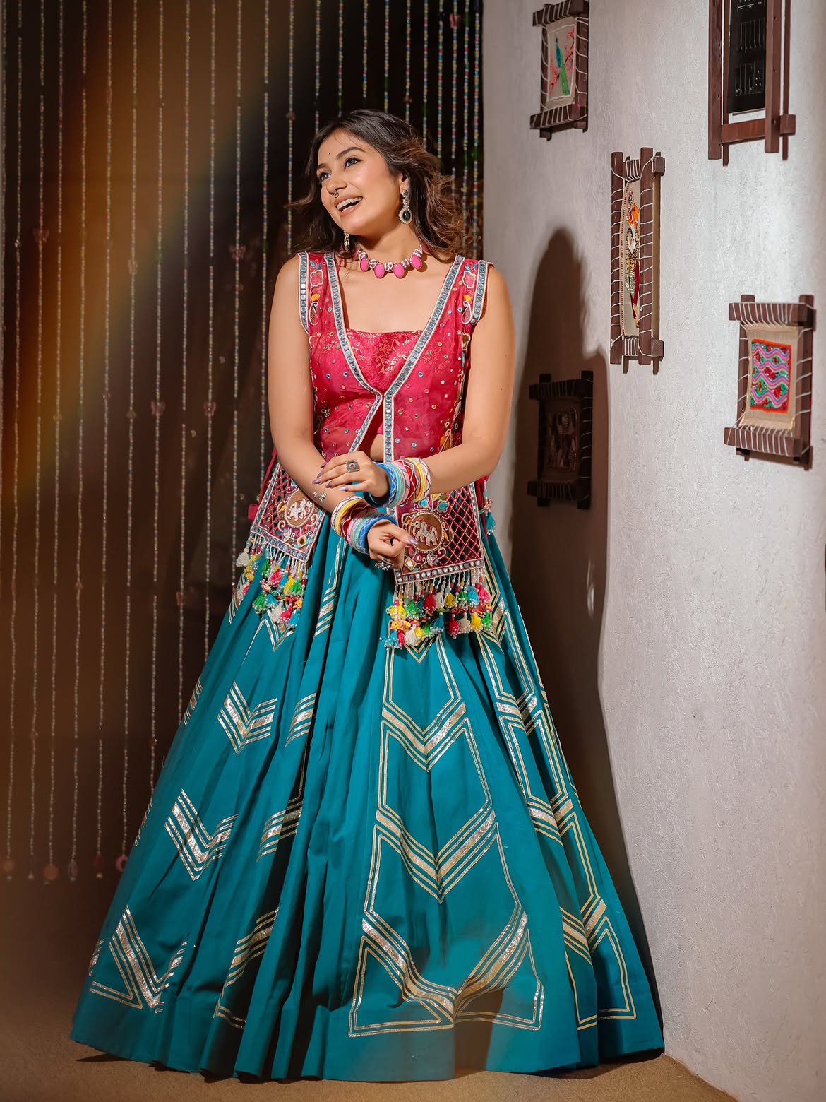 Pink Firozi Handwork Khadi & Organza Designer Skirt Set