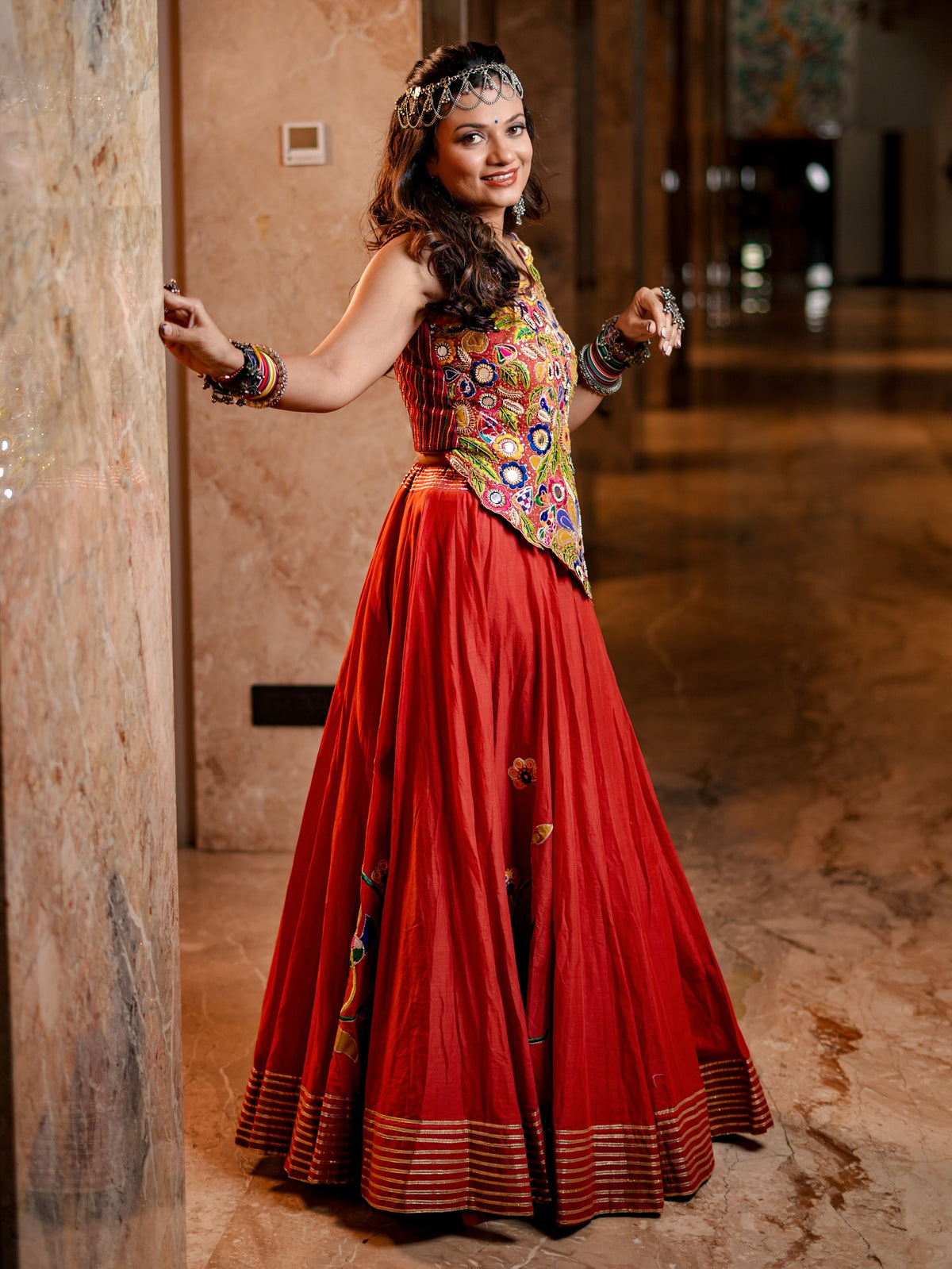 Leave and Flowers Orange Lehenga