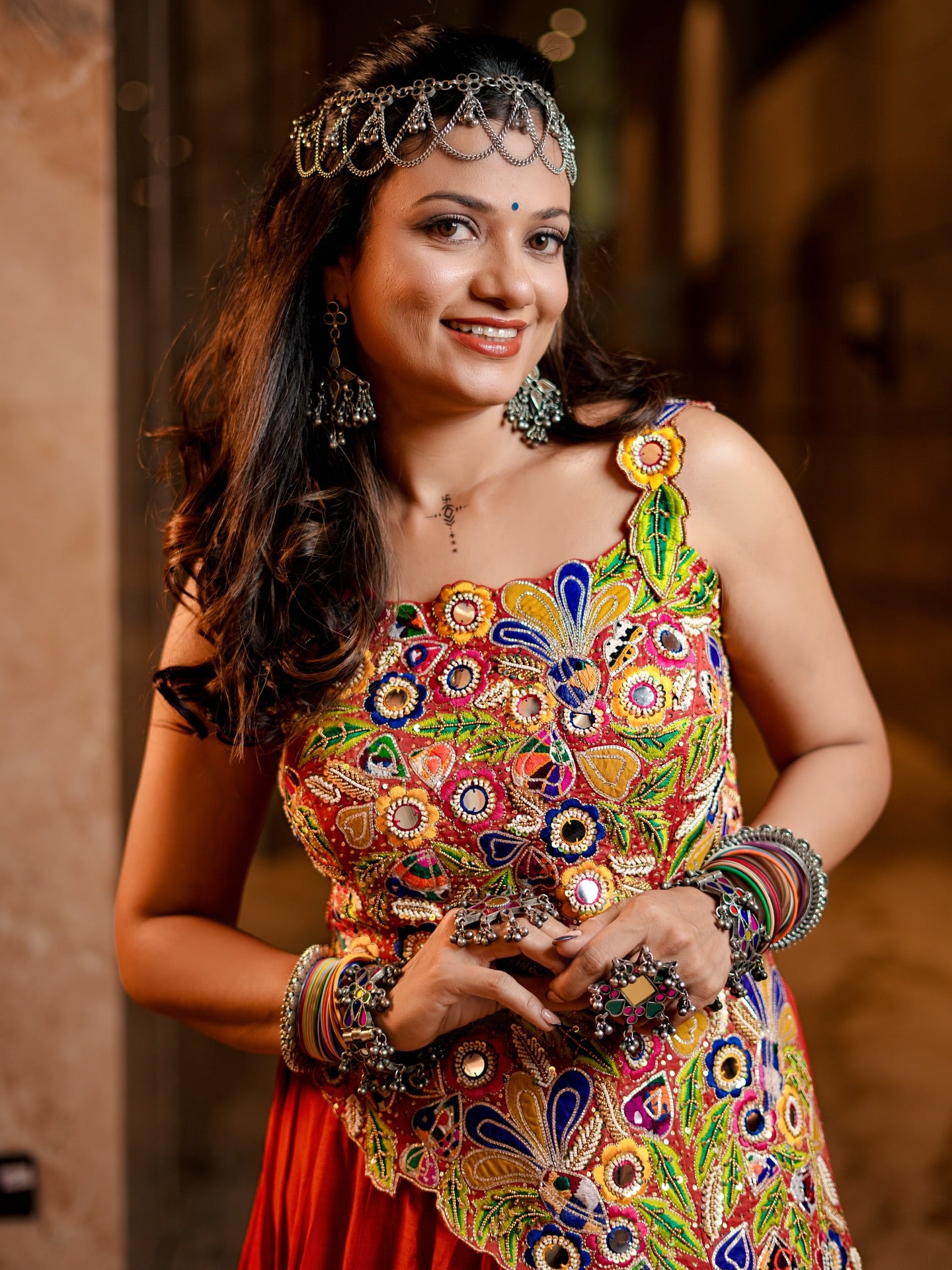 Leave and Flowers Orange Lehenga
