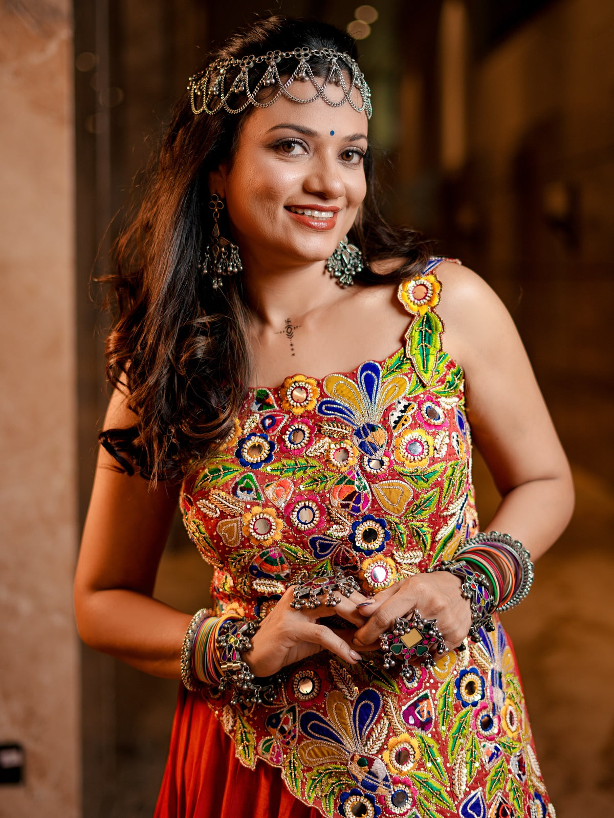 Leave and Flowers Orange Lehenga